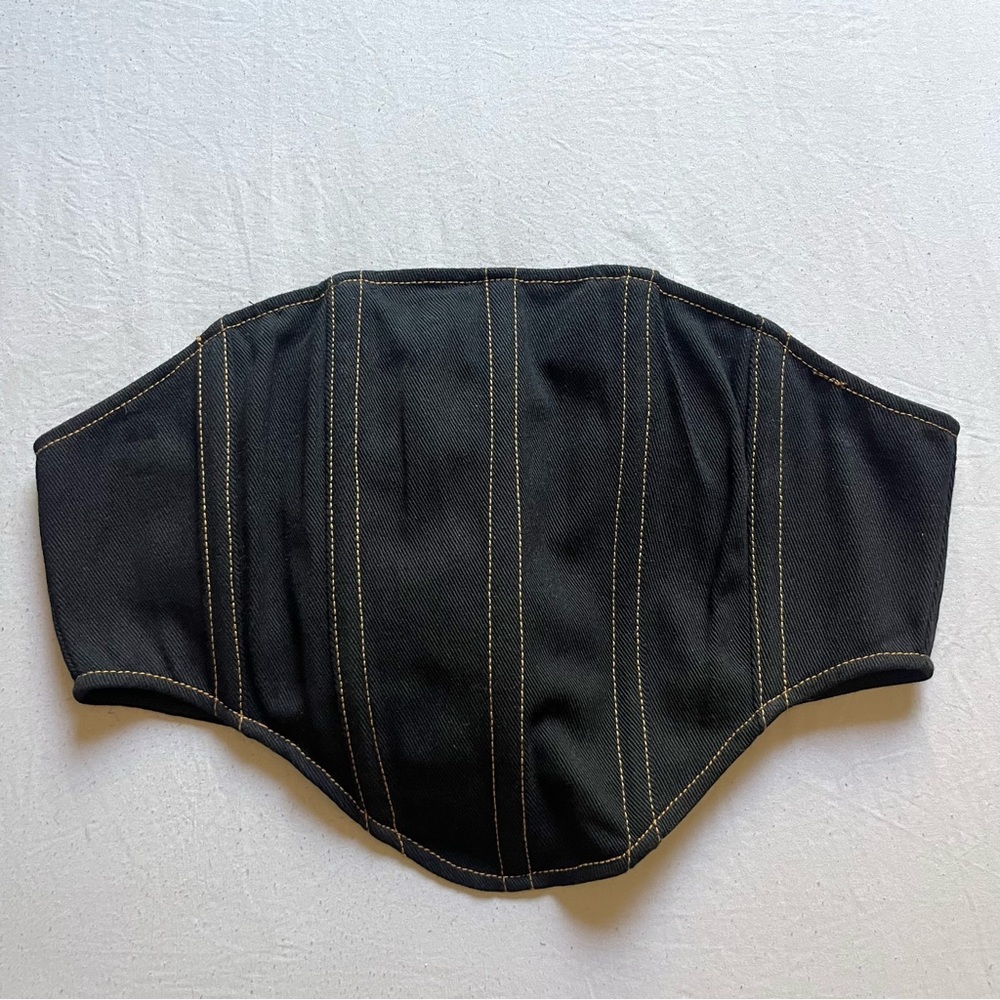BY.DYLN black denim cotton contrast boned corset bustier strapless cropped‎ top